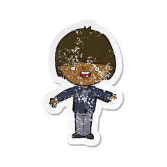 retro distressed sticker of a cartoon happy boy with open arms