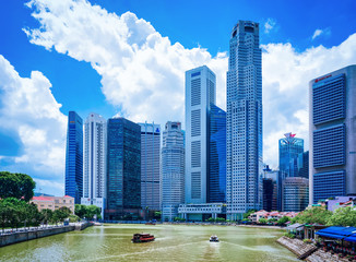 Skyscrapers Downtown Core along Quay District embankment in Singapore - obrazy, fototapety, plakaty