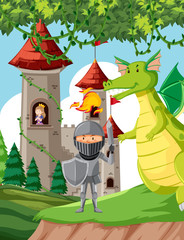 Castle with princess, knight and dragon