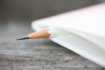 A white pencil sandwich between white notebook on wood background, Close up & Macro shot, Selective focus, Stationery concept