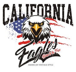 California Eagles. Eagle head logo for t-shirt, Hawk mascot Sport wear typography emblem graphic, athletic apparel stamp