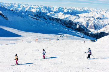 Fototapeta na wymiar Women Skiers at Hintertux Glacier ski resort in Zillertal Austria
