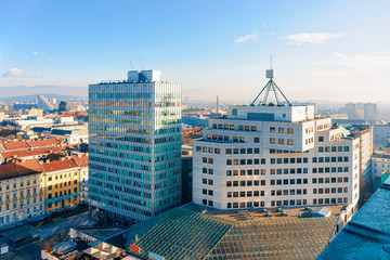Beautiful morning above Ljubljana old city and business downtown skyscrapers