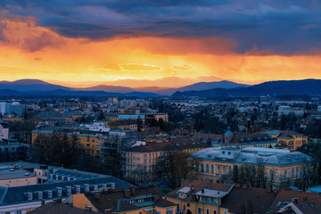 Beautiful sunset above Ljubljana old city and business downtown center