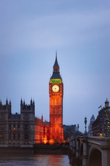 Fototapeta na wymiar Big Ben at Westminster Palace and Thames River London evening