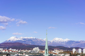 Panoramic view of city center of Ljubljana with mountains