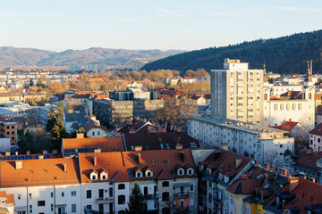 Fototapeta na wymiar Panoramic view on city center of Ljubljana and mountains