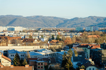 Panoramic view to city center in Ljubljana and mountains