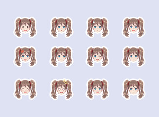 Set of emotional stickers head anime manga girl