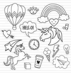 Fashion patch badges unicorn,hearts, rainbow, coffee, ice cream, star, Vector illustration isolated on white background.