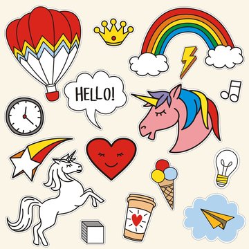 Fashion patch badges unicorn,hearts, rainbow, coffee, ice cream, star, Vector illustration isolated on white background.