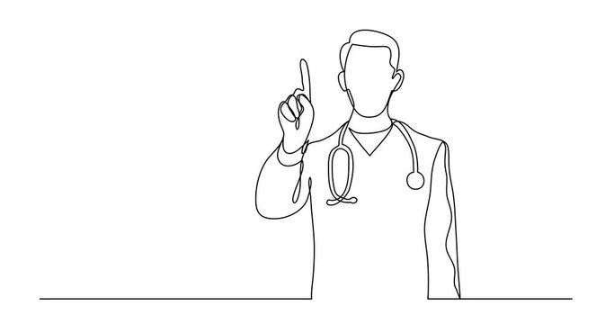 Self drawing line animation of standing doctor pointing his finger