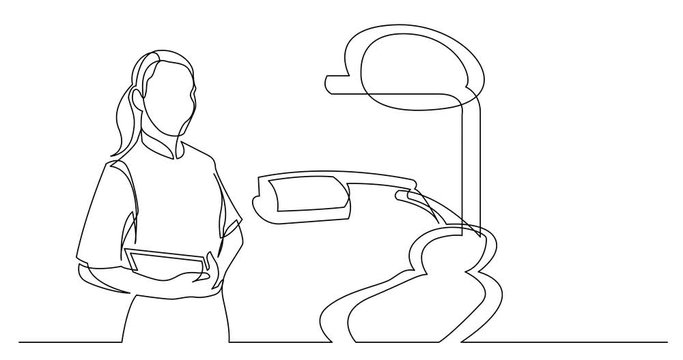 Self drawing line animation of dentist professional doctor standing in dentistry room