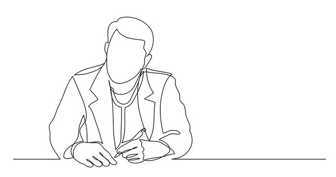 Self drawing line animation of hospital doctor listening carefully making notes during meeting