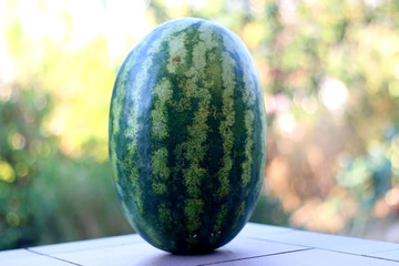 Fresh watermelon on a table outdoor. Selective focus.