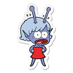 sticker of a cartoon shocked alien girl