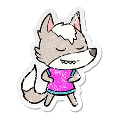 distressed sticker of a friendly cartoon wolf girl