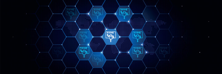 Smart robot, teacher robot icon in the technological comb bacground