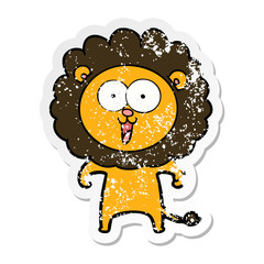 distressed sticker of a happy cartoon lion