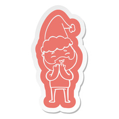 cartoon  sticker of a happy bearded man wearing santa hat