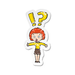 retro distressed sticker of a cartoon woman asking question