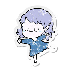 distressed sticker of a happy cartoon elf girl wearing dress
