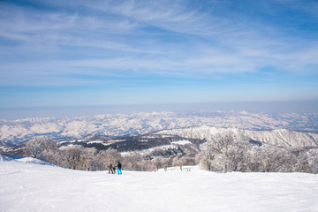 Landscape and Mountain view of Nozawa Onsen in winter , Nagano, Japan.