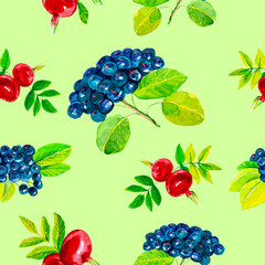 Abstract watercolor illustration of rosehip flowers and berries with leaves and black chokeberry. Isolated on green background.Seamless pattern