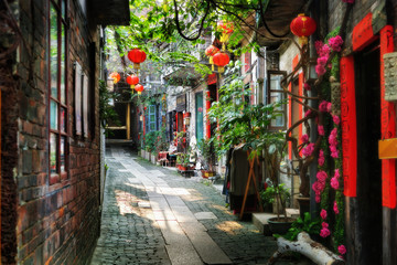 Fototapeta na wymiar Around narrow streets of ceramics Village, Ancient Nanfeng Kiln Cultural and Creative Zone, Shiwan Town, Foshan city, Guangdong, China.