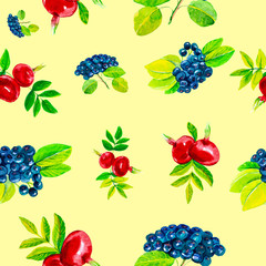 Abstract watercolor illustration of rosehip flowers and berries with leaves and black chokeberry. Isolated on yellow background.Seamless pattern