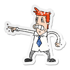 Obraz premium distressed sticker cartoon doodle man pointing looking worried