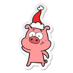 happy sticker cartoon of a pig wearing santa hat