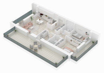 Floor plan of a home top view 3D illustration. Open concept living apartment layout