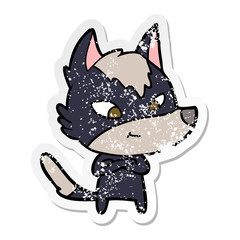 distressed sticker of a friendly cartoon wolf