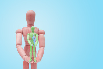 Business Leadership Concept : Red wooden figure mannequin holding other figures in hand.