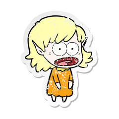distressed sticker of a cartoon shocked elf girl