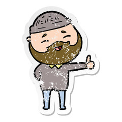 distressed sticker of a cartoon happy bearded man