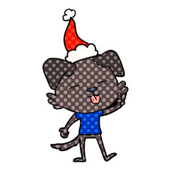 comic book style illustration of a dog sticking out tongue wearing santa hat