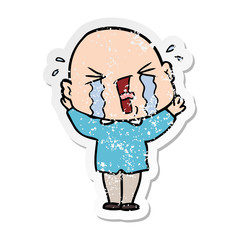 distressed sticker of a cartoon crying bald man