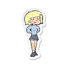 retro distressed sticker of a cartoon pleased woman