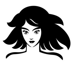 Vector Illustration of young face girl. Black and white portrait in a modern style design. Graphic icon of a women head.