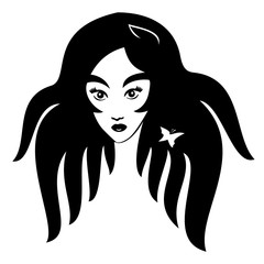 Vector Illustration of young face girl. Black and white portrait in a modern style design. Graphic icon of a women head.