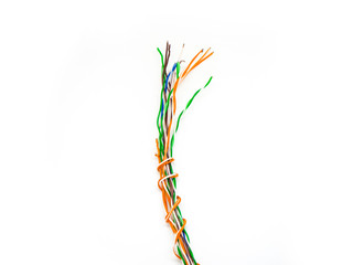 holding messy colored Copper wire on isolated white background