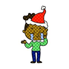 comic book style illustration of a crying woman wearing santa hat