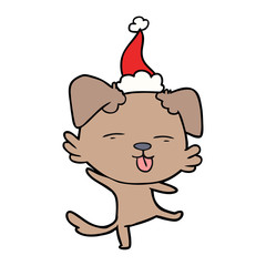 line drawing of a dancing dog wearing santa hat