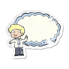 retro distressed sticker of a cartoon school boy with idea