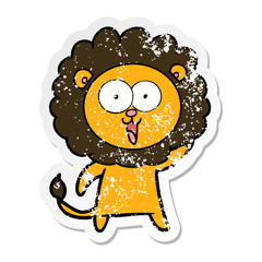 distressed sticker of a happy cartoon lion