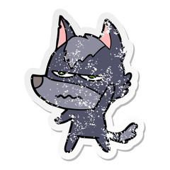 distressed sticker of a cartoon annoyed wolf