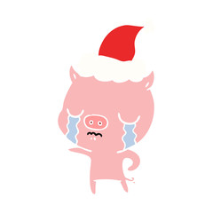 flat color illustration of a pig crying wearing santa hat