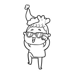 line drawing of a happy woman wearing spectacles wearing santa hat